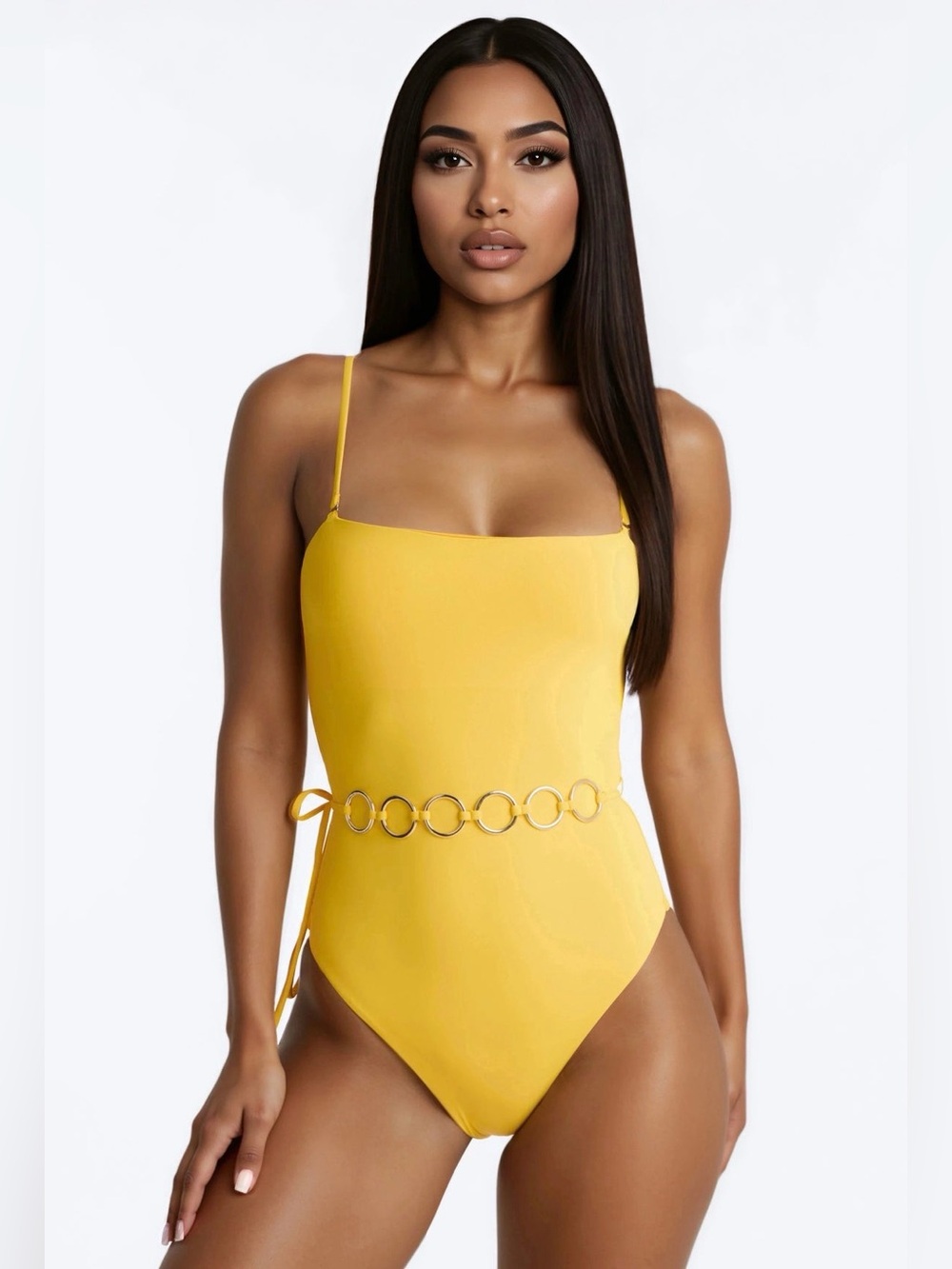 Fashion Nova Yellow One-Piece Swimsuit with Ring Belt - Women Swim